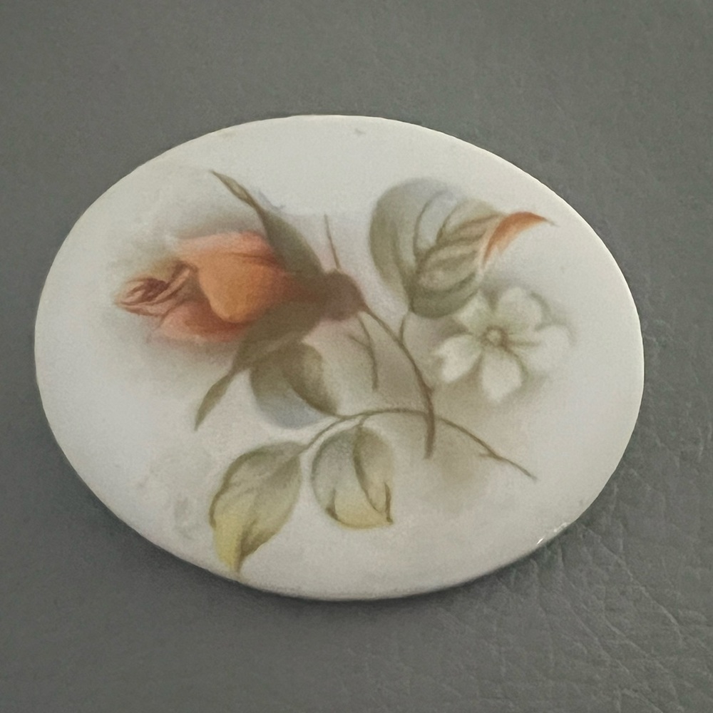 Vintage Hand Painted Porcelain White Orange Green Floral Scene Brooch Japan